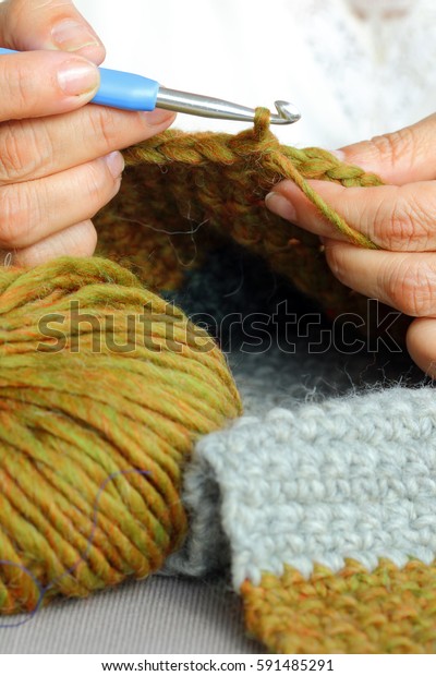Closeup Hands Knitting Scarf Stock Photo Edit Now 591485291