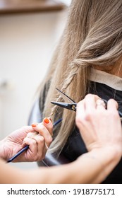 Close-up Of The Hands Of A Professional Hair Stylist With Scissors And Comb. Repairing Long Hair Of A Blonde Woman. Process Of Cutting Split Ends. Haircut At A Beauty Salon. Woman's Hairstyle.