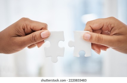 Closeup Hands Puzzle, Problem Solving Teamwork In Information Technology And Cyber Ux Coding Business. Jigsaw Hand Team, Together For Collaboration Strategy In Web Design And App Innovation In Office