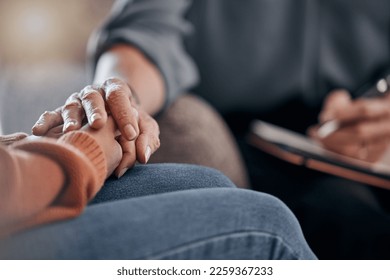 Closeup, hands and support in therapy, conversation and grief with compassion, empathy or support. Zoom, hand or female with sadness, therapist or communication for solutions, mental health or stress