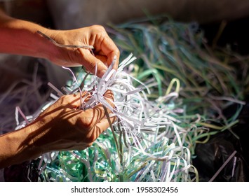 Closeup Hands Thai Women Are Sorting Out Waste Paper For Recycling.Enviromental Care Concept