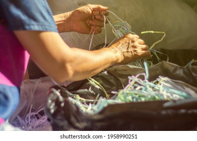 Closeup Hands Thai Women Are Sorting Out Waste Paper For Recycling.Enviromental Care Concept