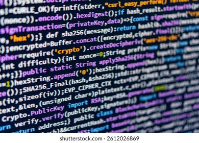 Close-up of hands typing on a computer keyboard, with overlaid cybersecurity text and code snippets Implies digital security or coding theme, possibly related to software development or cryptography