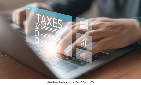 A close-up of hands typing on a keyboard with a digital TAX interface overlay. Concept of digital tax filing, online financial management, paperless workflow, and technology.