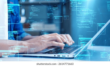 Close-up of hands typing on a laptop with holographic code and digital data interface overlays, symbolizing software development and coding.