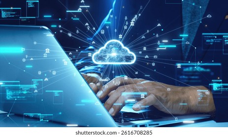 Close-up of hands typing on a laptop with a glowing cloud icon and digital data flow symbols representing cloud computing technology.
