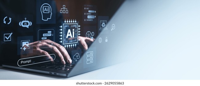 Close-up of hands typing on laptop with transparent AI interface icons, futuristic digital style, on gradient light background, concept of artificial intelligence