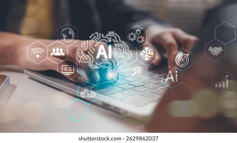 Close-up of hands typing on laptop with glowing AI icons and digital technology interface, symbolizing artificial intelligence, automation, machine learning, and smart business solutions.