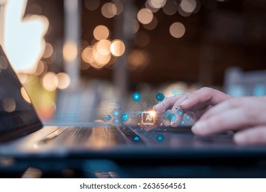 Close-up of hands typing on a laptop keyboard with a digital AI interface hologram overlay, symbolizing artificial intelligence technology and innovation in computing.