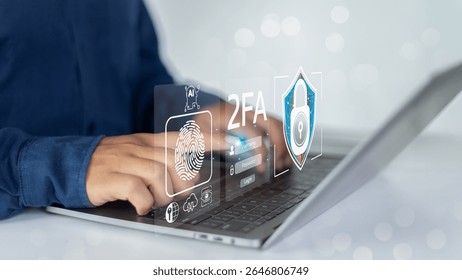 Close-up of hands typing on a laptop with 2FA biometric fingerprint authentication and an AI icon, representing cybersecurity and secure login technology.