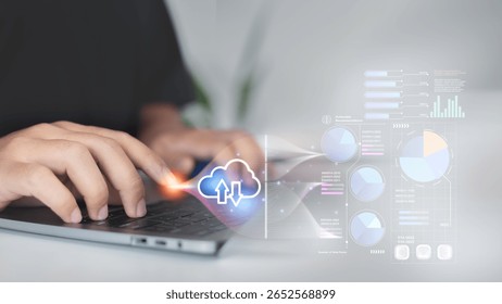 Close-up of hands typing on a laptop with an AI cloud computing icon and futuristic data analytics dashboard, representing modern business technology and big data