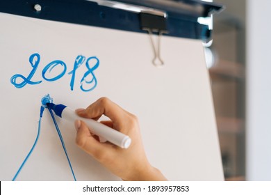 Close-up Hands Of Unrecognizable Young Business Woman Writing On White Board During Presentation In Conference Room. Closeup View Of Arm With Marker And Whiteboard, Writing Business Plan On Flipchart.