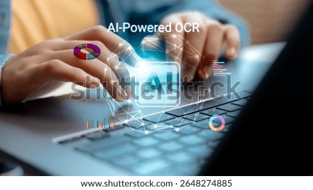 Close-up of hands using laptop with AI-powered OCR graphics, representing artificial intelligence for data extraction, document scanning, analytics, and digital automation.