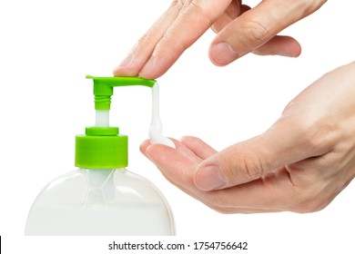 Close-up Of Hands Using Liquid Soap, Isolated On White Background