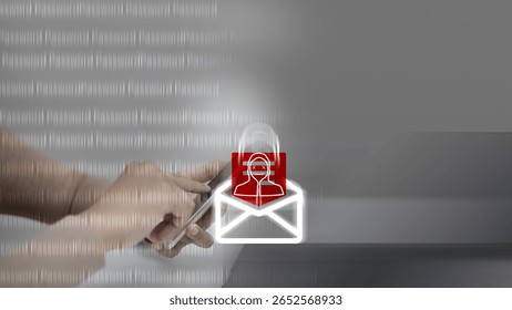 Close-up of hands using smartphone with hacker icon in email, representing phishing scam, cyber attack, email fraud, and data breach risk in digital communication.