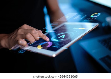 Close-up of hands using a tablet displaying futuristic AI interface with data analytics charts and graphs.