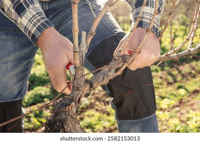 Close-up of the hands of the winemaker pruning the vineyard at sunset, with professional steel scissors. Traditional agriculture. Winter pruning, Guyot method.
