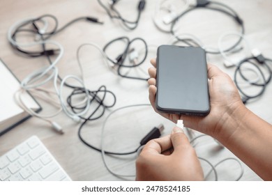 Closeup hands of a woman holds a smartphone, going to charge battery with an incompatible USB wire, with many electric USB cords on the table, confused plugs and sockets - Powered by Shutterstock