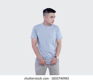 Closeup Handsome Man Posing Wearing Heather Grey T Shirt Isolated On Plain Background