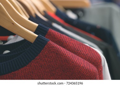 Close-up Of Hanging Wool Clothes At The Store