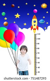 Closeup Happy Asian Kid Hold Colorful Balloon With Measure Height And Cute Cartoon Background