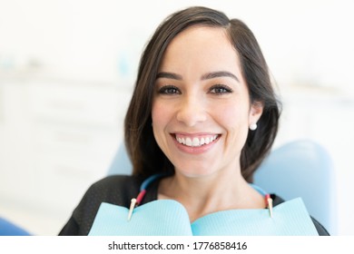 Closeup Of Happy Caucasian Mid Adult Woman At Dental Clinic