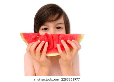 close-up of happy cool trendy funky brunette boy eating ripe red watermelon, juicy slice in hands of child, happy childhood, good appetite, balanced diet, sweet life, healthy food - Shutterstock ID 2283361977