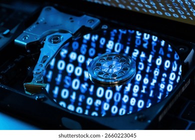 A close-up of a hard disk with an abstract reflection
