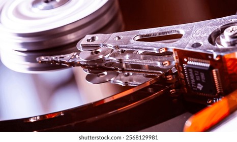 Close-up of a hard disk drive reading data, showcasing the intricate mechanics of data storage