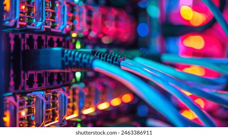 closeup hardware cables connected to a internet network device technology