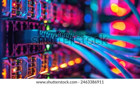 closeup hardware cables connected to a internet network device technology