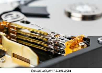 Close-up of HDD drive, hard disk, storage device. Part of a PC computer, laptop component. The concept repair and recovery of digital data.