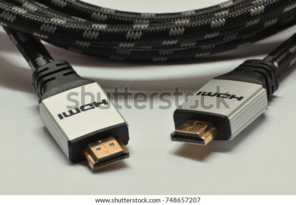 Close-up hdmi audio and video cable isolated\
on white background