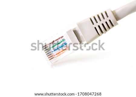 Closeup head RJ45 cable cladding color, LAN network connection ethernet cable isolated on white background.