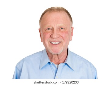 Closeup Head Shot Portrait Of Happy, Confident, Cheerful, Smiling Senior Mature Man, Isolated On White Background. Positive Human Emotions, Facial Expressions, Feelings, Attitude