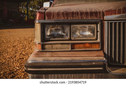 Closeup Of Headlights Of An Old, Dirty Car