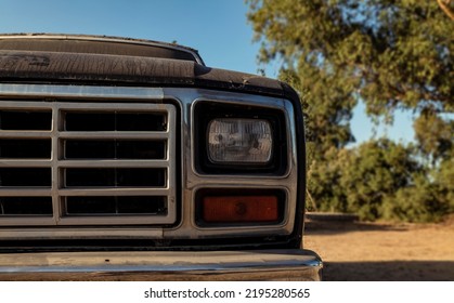 Closeup Of Headlights Of An Old, Dirty Car