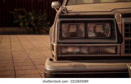 Closeup Of Headlights Of An Old, Dirty Car