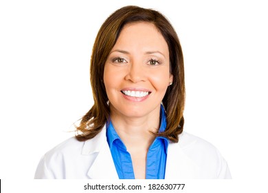 Closeup Headshot Portrait Of Friendly, Smiling, Confident Female, Woman Health Care Professional, Isolated White Background. Patient Visit. Positive Face Expression, Attitude