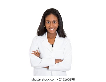 Closeup Headshot Portrait Of Friendly, Smiling Confident Female Healthcare Professional With Lab Coat Isolated On White Background. Patient Office Visit, Health Care Plan Management Concept 