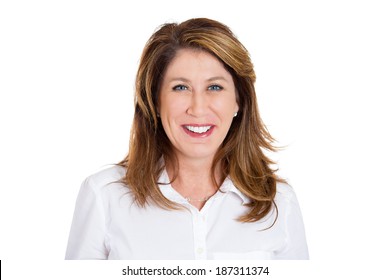 Closeup headshot portrait successful, happy, young business woman, confident, entrepreneur, isolated white background. Positive human face expressions, emotions, feelings, attitude.