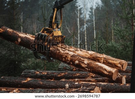 Close-up of a heavy logging machine using a hydraulic grapple to lift freshly cut pine logs in a foggy forest. The image captures modern forestry equipment and industrial timber harvesting operations.