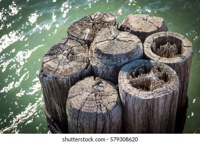 Closeup high angle view of weathered wood dock posts or pylons along fishing pier on Lake Michigan