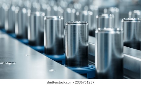 Close-up of High Capacity Battery on Conveyor Line. Battery Cells for Automotive Industry on Production Line. Lithium-ion Cells for High-voltage Electric Vehicle Batteries Manufacturing Process