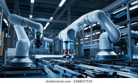 Close-up of High Precision Robot Arms on Automated PCB Assembly Line Inside Modern Electronics Factory. Component Installation. Board. Electronic Devices Production Industry. Manufacturing Automation - Powered by Shutterstock