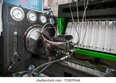 Close-up High Pressure Diesel Fuel Pump Test Bench