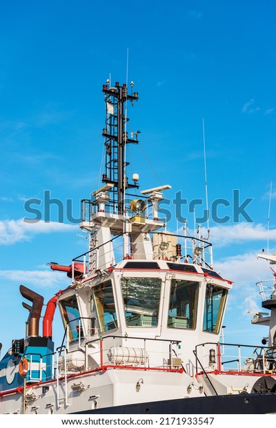 Close-up of the high section of a\
tugboat moored in the port of La Spezia, Liguria, Italy,\
Europe.