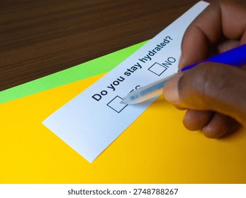 A close-up, high-angle shot features a person's hand with a dark skin tone holding a blue pen, poised to check a 