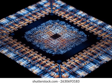 Close-up, high-angle shot of a glowing blue and orange circuit board, featuring intricate lines and illuminated dots representing data flow and connectivity on a dark background, evoking advanced tech