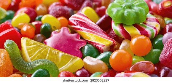 A close-up, high-angle view of a large pile of various candies, including gummy worms, lollipops, and jelly beans, in a multitude of bright colors.